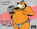  anthro belly big_belly bodily_fluids body_writing bulge canid canine canis clothing controller dialogue disembodied_penis domestic_dog duck_hunt duck_hunt_dog el_booki game_controller genitals handjob hi_res male male/male mammal nintendo nintendo_controller nintendo_entertainment_system nipples orange_body overweight overweight_male penile penis power_glove sex solo sweat underwear 