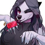 anthro black_nose blep bust_portrait canid clothed clothing eyelashes female glistening glistening_eyes grey_clothing grey_hair grey_topwear hair hi_res looking_at_viewer mammal one_eye_closed portrait red_eyes red_tongue simple_background solo tongue tongue_out topwear unknowhiter white_background white_body 