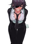  1girl arms_behind_back better_call_saul black_hair black_jacket black_necktie black_pants blush breaking_bad breasts chainsaw_man collared_shirt commentary english_commentary eyepatch formal highres himeno_(chainsaw_man) jacket large_breasts leaning_forward liowig looking_at_viewer necktie pants parted_lips partially_unbuttoned shirt shirt_tucked_in short_hair simple_background smile solo suit suit_jacket white_background white_shirt 