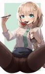  1girl blonde_hair blue_eyes blue_skirt blush braid breasts can candy chocolate chocolate_bar clothes_lift collared_shirt commentary_request cowboy_shot crotch fnc_(girls&#039;_frontline) food girls&#039;_frontline green_background green_necktie grin groin hair_ornament highres holding holding_can korean_commentary lemures long_hair looking_at_viewer mechanical_pencil medium_breasts milk mouth_hold necktie pantyhose pencil pencil_skirt see-through shirt sitting skirt skirt_lift smile solo spread_legs thighband_pantyhose white_shirt 
