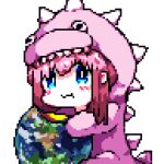  1girl bangs blue_eyes bocchi_the_rock! chewing dinosaur_costume dinosaur_hood downvote_(downvote_me) earth_(planet) gotou_hitori highres long_hair looking_at_viewer pink_hair pixel_art planet simple_background solo white_background 