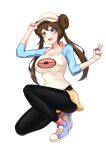  1girl :d absurdres black_pantyhose blue_eyes blue_footwear blush breasts brown_hair cleavage commentary_request double_bun doughnut_hair_bun full_body hair_bun highres holding holding_poke_ball legwear_under_shorts leo23 long_hair open_mouth pantyhose poke_ball poke_ball_(basic) pokemon pokemon_(game) pokemon_bw2 raglan_sleeves rosa_(pokemon) shoes short_shorts shorts smile sneakers solo tongue twintails visor_cap yellow_shorts 
