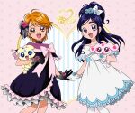  2girls adapted_costume black_dress black_gloves blue_eyes blue_hair bow brown_eyes dress earrings futari_wa_precure gloves half_updo jewelry long_hair mepple mipple misumi_nagisa multiple_girls official_art open_mouth orange_hair precure short_hair smile third-party_source white_bow white_dress white_gloves yukishiro_honoka 