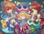  3girls 4others amitie_(puyopuyo) andou_ringo arle_nadja black_thighhighs blonde_hair blue_cape blue_footwear blue_skirt blush brown_hair cape carbuncle_(puyopuyo) closed_eyes drill_hair green_eyes hat heart long_sleeves looking_at_another looking_at_viewer multiple_girls multiple_others one_eye_closed ponytail puyo_(puyopuyo) puyopuyo red_hair red_skirt school_uniform short_hair shorts sitting skirt thighhighs user_hguh3744 winged_hat yellow_eyes 