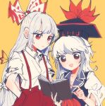  2girls :d :| bangs blue_hair blunt_bangs book bow brown_eyes closed_mouth collared_shirt cowboy_shot error from_side fujiwara_no_mokou hair_bow half_updo hands_in_pockets hands_up hat high-waist_pants holding holding_book itomugi-kun kamishirasawa_keine light_blue_hair long_hair looking_down multicolored_hair multiple_girls neckerchief open_mouth pants pointing puffy_short_sleeves puffy_sleeves reading red_eyes red_neckerchief red_pants shirt shirt_tucked_in short_sleeves simple_background smile standing streaked_hair suspenders tokin_hat torn_clothes torn_sleeves touhou triangle_mouth upper_body very_long_hair w_arms white_bow white_hair white_shirt wing_collar yellow_background 