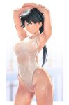  1girl armpits bangs black_hair blue_eyes blurry blurry_background blush breasts closed_mouth collarbone competition_swimsuit hand_over_heart highres houshou_(kancolle) kantai_collection looking_at_viewer medium_breasts one-piece_swimsuit ponytail smile solo swept_bangs swimsuit wa_(genryusui) white_one-piece_swimsuit yellow_trim 