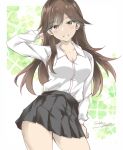  1girl alternate_breast_size alternate_costume arashio_(kancolle) black_skirt breasts brown_eyes brown_hair cleavage collared_shirt commentary_request contrail dress_shirt gakky kantai_collection long_hair looking_at_viewer medium_breasts one-hour_drawing_challenge pleated_skirt shirt skirt solo white_shirt 