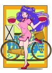  1girl absurdres bicycle blush cup cup_ramen double_bun ground_vehicle hair_bun highres holding holding_cup ranma_1/2 red_eyes red_footwear retro_artstyle shampoo_(ranma_1/2) solo standing standing_on_one_leg translation_request yaha0079 