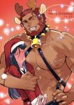  2boys alternate_costume animal_ears antlers bangs bara beard blush christmas couple dark-skinned_male dark_skin deer_boy deer_ears face_to_pecs facial_hair fate/grand_order fate_(series) fenman full-face_blush green_eyes grin hat highres interracial iskandar_(fate) jewelry kemonomimi_mode long_hair lord_el-melloi_ii male_focus multiple_boys muscular muscular_male necklace pectoral_press red_eyes red_hair reindeer_antlers revealing_clothes santa_costume santa_hat smile thick_eyebrows upper_body waver_velvet yaoi 