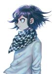  1boy bangs black_hair buttons checkered_clothes checkered_scarf closed_mouth danganronpa_(series) danganronpa_v3:_killing_harmony esu_(tasoesu) from_side grey_jacket highres jacket long_sleeves male_focus medium_hair ouma_kokichi profile purple_eyes scarf simple_background smile solo upper_body white_background 