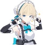  1girl armpits bangs black_gloves blonde_hair blue_archive blue_bow blue_bowtie blue_eyes blue_ribbon blunt_bangs bow bowtie breasts bun_cover chest_harness closed_mouth double_v dress earpiece elbow_gloves expressionless fataaa fingerless_gloves frills gloves hair_bun hair_intakes halo harness large_breasts maid_headdress ribbon simple_background single_hair_bun sleeveless sleeveless_dress sparkle toki_(blue_archive) upper_body v white_background 