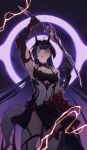  1girl ahoge arm_up armpits bangs black_gloves breasts claw_ring commentary english_commentary gloves highres holding holding_sword holding_weapon honkai_(series) honkai_impact_3rd horns long_hair looking_at_viewer purple_eyes purple_hair raiden_mei raiden_mei_(herrscher_of_thunder) small_breasts solo sword thighhighs tsuume very_long_hair weapon white_thighhighs 