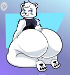  2023 anthro bear big_butt biped blush bottomless butt clothed clothing digital_media_(artwork) hi_res huge_butt juki_draws looking_at_viewer looking_back male mammal polar_bear rear_view simple_background smile solo thick_thighs topwear ursine wide_hips 