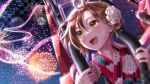  1girl aerial_fireworks bangs blush brown_eyes brown_hair dirty dirty_face fireworks flower hair_bun hair_flower hair_ornament holding japanese_clothes kimono kirita_asami looking_away looking_to_the_side meiko_(vocaloid) nail_polish night night_sky open_mouth outdoors roller_coaster short_hair sky smile solo vocaloid yukata 