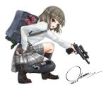  1girl bag bangs black_socks bow brown_footwear brown_hair commentary_request dated from_side full_body grey_skirt gun handgun highres holding holding_gun holding_weapon kouon_(socommk23) loafers long_sleeves looking_at_viewer looking_to_the_side magazine_(weapon) open_mouth original over-kneehighs plaid plaid_skirt pleated_skirt purple_eyes red_bow school_bag scope shirt shoe_soles shoes signature simple_background single_over-kneehigh single_thighhigh skirt sleeves_past_wrists socks solo squatting thighhighs weapon weapon_request white_background white_shirt 