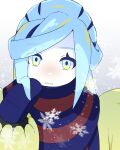  1boy aqua_eyes aqua_hair blue_mittens blue_scarf commentary_request grey_background grusha_(pokemon) hand_up highres jacket long_sleeves looking_at_viewer male_focus pale_skin parted_lips pokemon pokemon_(game) pokemon_sv scarf snowflakes snowing solo striped striped_scarf upper_body user_tvuu5887 yellow_jacket 