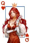  1girl bangs breasts card cleavage cowboy_shot earrings facial_mark feather_boa heart heart_facial_mark hearts_(i_became_a_god_in_a_horror_game) highres holding holding_card i_became_a_god_in_a_horror_game jewelry juexia27189 parted_bangs red_eyes red_hair 