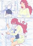  2girls ahoge blush character_doll closed_eyes dated green_eyes gundam gundam_suisei_no_majo highres hug long_hair lying miorine_rembran multiple_girls on_back on_side pillow red_hair sleeping suletta_mercury twitter_username white_hair yuri yuri_kyanon 