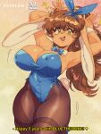  1girl :3 :d animal_ears animal_nose armpits arms_up bangs bare_shoulders black_pantyhose blue_bow blue_bowtie blue_hairband blue_leotard bluethebone bow bowtie breasts brown_hair commentary covered_nipples detached_collar ears_down english_commentary english_text hair_between_eyes hairband highres large_breasts leotard long_hair looking_at_viewer open_mouth original pantyhose playboy_bunny ponytail rabbit_ears rabbit_girl rabbit_pose rabbit_tail retro_artstyle smile solo subtitled tail thick_thighs thighband_pantyhose thighs wrist_cuffs yellow_eyes 