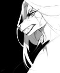  angry anthro canid eyelashes fangs female glistening glistening_eyes hair hi_res long_hair looking_aside mammal monochrome narrowed_eyes side_view signature simple_background solo teeth unknowhiter 