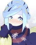  1boy aqua_eyes aqua_hair blue_mittens blue_scarf blush closed_mouth commentary_request grey_background grusha_(pokemon) hands_up highres jacket long_sleeves looking_away male_focus pokemon pokemon_(game) pokemon_sv scarf snowflakes snowing solo striped striped_scarf upper_body user_tvuu5887 yellow_jacket 