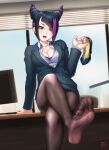  1girl black_pantyhose blazer blush breasts business_suit cleavage crossed_legs desk feet finalcake formal han_juri heterochromia highres jacket monitor office office_lady on_desk open_mouth pantyhose sitting sitting_on_desk skirt soles street_fighter suit thighs toes 
