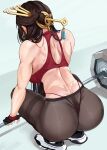  1girl absurdres ass back barbell bare_shoulders beidou_(genshin_impact) black_gloves breasts brown_hair exercise fingerless_gloves genshin_impact gloves half_updo highres large_breasts long_hair loooyd pantyhose shoes sneakers solo squatting thighs 