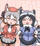  2girls animal_ears blazer bow bowtie common_raccoon_(kemono_friends) elbow_gloves extra_ears fox_ears fox_girl fox_tail futo_utsu gloves grey_hair hat highres island_fox_(kemono_friends) jacket kemono_friends kemono_friends_v_project long_hair multiple_girls necktie open_mouth pantyhose pink_background raccoon_ears raccoon_girl raccoon_tail ribbon shirt short_hair simple_background skirt smile tail virtual_youtuber 