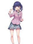  1girl bangs blazer blue_eyes blue_hair blush character_request collared_shirt copyright_request highres jacket kawahara_minamo long_hair long_sleeves looking_at_viewer necktie open_mouth plaid plaid_skirt pleated_skirt school_uniform shirt skirt smile socks solo twintails 