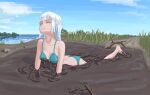  1girl ass bangs bare_legs bare_shoulders blue_sky bra branch breasts cleavage clenched_teeth closed_eyes cloud cloudy_sky collarbone fallen_down grass grimace highres imwyp53 lake landscape leg_up lying mud on_stomach original outdoors path plant quicksand sidelocks sky small_breasts struggling stuck teeth tripped underwear water white_hair 