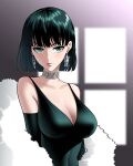  1girl absurdres bangs black_hair blunt_bangs blunt_ends blush breasts dark_green_hair dress formal fubuki_(one-punch_man) green_eyes green_hair highres inpoya jewelry large_breasts looking_at_viewer necklace one-punch_man short_hair smile white_fur 