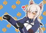  1girl animal_ears armband black_armband black_gloves blue_background bow cat_ears girls&#039;_frontline gloves grey_hair hair_bow hair_ornament hairclip heart highres jacket long_hair looking_at_viewer m590_(girls&#039;_frontline) paw_pose paw_print paw_print_background smile solo tomtom_drawing upper_body yellow_eyes 