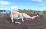  1girl bangs bare_legs blue_eyes blue_sky bra branch breasts cloud cloudy_sky fallen_down grass highres imwyp53 lake landscape looking_back lying mud on_side original outdoors path plant quicksand sidelocks sky small_breasts stuck tripped underwear water white_hair 