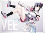  1girl bandaged_hand bandages black_hair black_socks blue_eyes breasts character_name commentary expressionless full_body girls&#039;_frontline girls&#039;_frontline_neural_cloud hair_bun heterochromia highres holding holding_mask holding_scalpel holding_syringe jacket large_breasts mask multicolored_hair off_shoulder pink_hair purple_eyes scalpel shoes sneakers socks solo streaked_hair syringe tfy_1028 vee_(girls&#039;_frontline_nc) white_jacket 