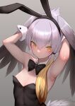  1girl akuma_(st.takuma) alternate_costume animal_ears bare_shoulders bird_girl bird_tail bird_wings black_leotard blonde_hair blush fake_animal_ears grey_hair hands_in_hair head_wings highres kemono_friends leotard multicolored_hair playboy_bunny rabbit_ears shoebill_(kemono_friends) short_hair single_sidelock solo strapless strapless_leotard tail wings wrist_cuffs yellow_eyes 