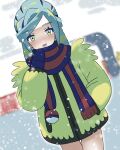  1boy :d bangs blue_mittens blue_scarf bottomless commentary_request day green_eyes green_hair grusha_(pokemon) hand_in_pocket hand_up highres jacket looking_at_viewer lower_teeth_only male_focus medium_hair open_mouth outdoors poke_ball_print pokemon pokemon_(game) pokemon_sv scarf smile snowing solo striped striped_scarf teeth user_tvuu5887 yellow_jacket 