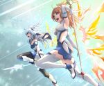  2girls ahoge brown_hair cosplay detached_sleeves elbow_gloves eunie_(xenoblade) feathered_wings gloves glowing glowing_wings grey_hair head_wings highres long_hair medium_hair melia_antiqua melia_antiqua_(cosplay) mercury_xeno midair multiple_girls official_alternate_costume open_mouth pantyhose skirt smile staff thighhighs white_gloves wings xenoblade_chronicles_(series) xenoblade_chronicles_1 xenoblade_chronicles_3 
