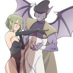  1boy 1girl black_dress black_gloves breasts claws closed_mouth colored_skin dress gloves green_hair highres looking_at_viewer monster pointy_ears purple_skin rusinomob short_hair simple_background smile star_ocean star_ocean_the_second_story white_background wings 