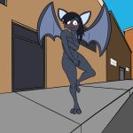  absurd_res anthro bat bat_wings big_breasts birbpan black_hair blush breasts covering covering_breasts covering_crotch embarrassed eyelashes female fur grey_body grey_fur hair hi_res looking_at_viewer mammal membrane_(anatomy) membranous_wings navel nude red_eyes snaggle_tooth solo thick_thighs wide_hips wings 