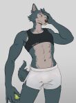  abs absurd_res anthro athletic athletic_male ball beastars bulge canid canine canis clothing crop_top hi_res legoshi_(beastars) male mammal shirt smagma solo tennis_ball topwear wolf 