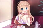 1girl :d anemielle bare_shoulders bell blonde_hair blue_eyes blush booth_seating breasts cake cake_slice choker cleavage commentary english_commentary fnc_(girls&#039;_frontline) fnc_(strawberry_cake_&amp;_garden_cosmos)_(girls&#039;_frontline) food fork girls&#039;_frontline gloves hair_between_eyes hair_ornament holding holding_fork indoors large_breasts long_hair looking_at_viewer neck_bell official_alternate_costume open_mouth plate sitting smile solo sparkle table white_gloves 