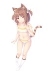  1girl :&lt; animal_ear_fluff animal_ears azuki_(nekopara) bare_arms bare_shoulders bow bra brown_eyes brown_hair cat_ears cat_girl cat_tail closed_mouth commentary_request full_body hair_bow highres looking_at_viewer navel nekopara no_shoes panties revision sakuraba_hikaru_(loveindog) simple_background socks solo strap_slip tail two_side_up underwear underwear_only white_background white_bow white_bra white_panties white_socks 