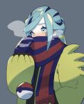  1boy bangs blue_mittens blue_scarf blush breath commentary_request green_eyes green_hair grey_background grusha_(pokemon) hand_up highres jacket long_sleeves male_focus pokemon pokemon_(game) pokemon_sv scarf scarf_over_mouth solo striped striped_scarf upper_body user_tvuu5887 yellow_jacket 