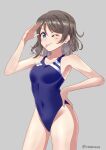  1girl absurdres blue_eyes blue_one-piece_swimsuit brown_hair competition_swimsuit covered_navel grey_background hand_on_hip highres logo looking_at_viewer love_live! love_live!_sunshine!! medium_hair one-piece_swimsuit one_eye_closed rinon42600 salute short_hair simple_background solo swimsuit tongue tongue_out watanabe_you 