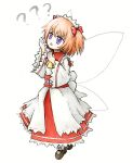  1girl ? ?? blush brown_footwear dress fairy fairy_wings full_body highres long_sleeves looking_away purple_eyes red_dress red_hair red_ribbon ribbon solo sunny_milk tiara touhou two_side_up user_fvde8277 wings 