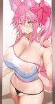  1girl absurdres animal_ear_fluff animal_ears arind_yudha bangs blush bow breasts covered_nipples fate/grand_order fate_(series) fox_ears fox_girl fox_tail glasses hair_between_eyes hair_bow highres koyanskaya_(fate) large_breasts long_hair looking_at_viewer open_mouth pink_bow pink_hair ponytail sidelocks solo tail tamamo_(fate) thighs yellow_eyes 