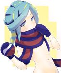  1boy blue_mittens blue_scarf blush closed_mouth commentary_request green_eyes green_hair grusha_(pokemon) hands_up highres holding holding_clothes holding_scarf long_hair male_focus navel nipples poke_ball_print pokemon pokemon_(game) pokemon_sv scarf smile solo striped striped_scarf user_tvuu5887 