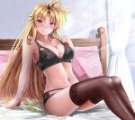  1girl ahoge arm_support bed bedroom black_bra black_hair black_panties blush bra breasts brown_thighhighs cleavage closed_mouth collarbone commentary fate_testarossa indoors large_breasts leaning_back long_hair looking_at_viewer lyrical_nanoha mahou_shoujo_lyrical_nanoha mahou_shoujo_lyrical_nanoha_strikers navel panties red_eyes sitting smile solo sougetsu_izuki strap_gap sunlight thighhighs underwear underwear_only very_long_hair 