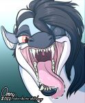  blue_body bodily_fluids digital_media_(artwork) dragon fangs female feral hair hi_res looking_at_viewer mane mira_(oxurus) mouth_shot omny87 open_mouth saliva saliva_string simple_background solo teeth tongue tongue_out uvula white_body 