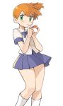  1girl artist_request bangs blush collared_shirt cosplay eyelashes green_eyes hands_up highres holding holding_poke_ball knees lass_(pokemon) lass_(pokemon)_(cosplay) looking_at_viewer misty_(pokemon) orange_hair parted_lips pleated_skirt poke_ball poke_ball_(basic) pokemon pokemon_(anime) pokemon_(classic_anime) shirt short_hair short_sleeves simple_background skirt socks solo white_background white_shirt white_socks 